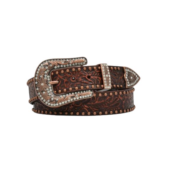 Angel Ranch Women's 1 1/2" Brown Floral Belt with Copper Tone Buckle