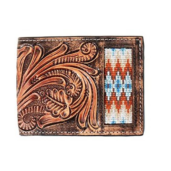 3D Men's Hand Tooled Scroll Embroidered Inlay Bifold Wallet- Brown