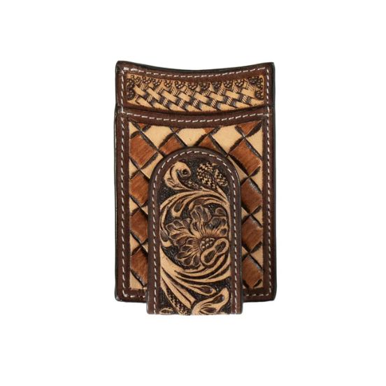 3D Men's Hand Tooled Floral Basketweave Money Clip- Tan