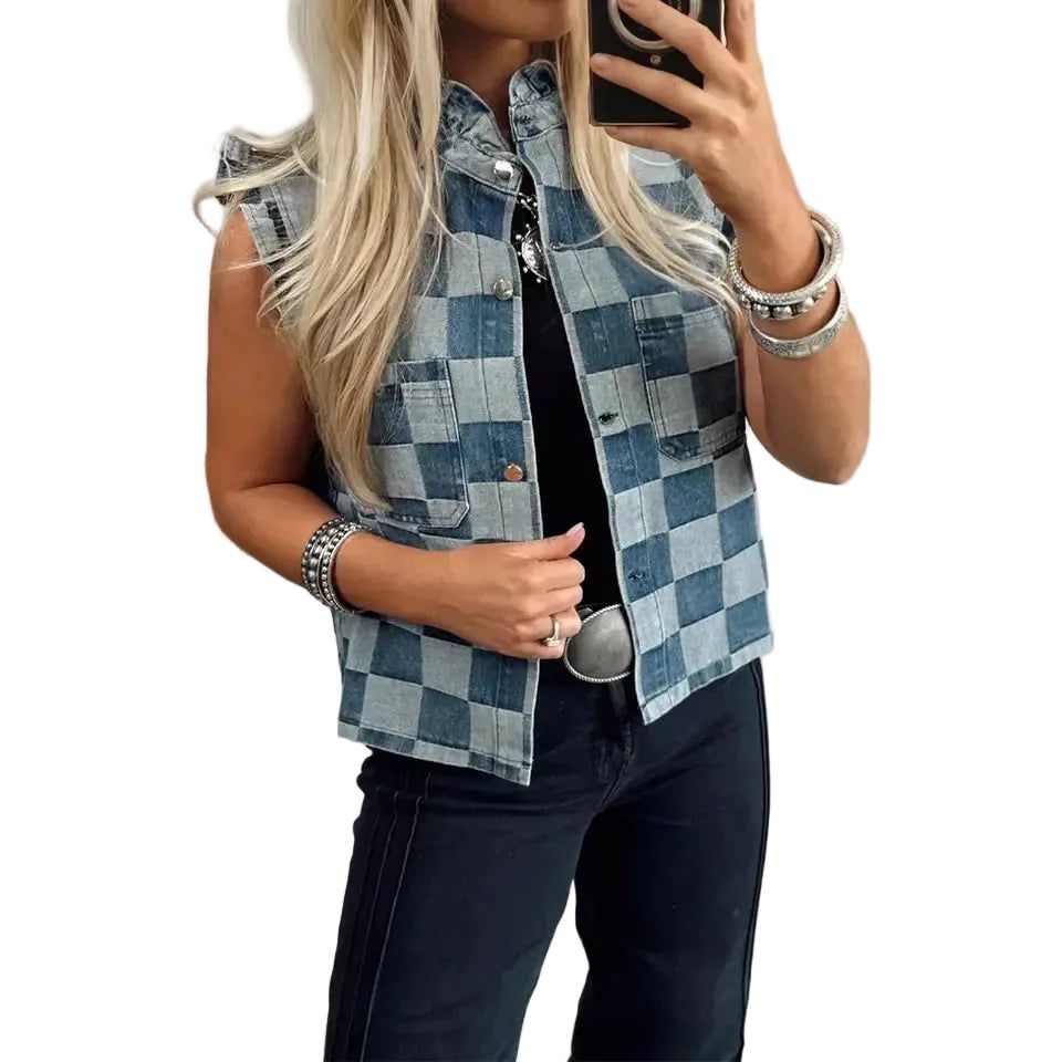 66 Disco Women's Denim Checkered Ruffle Trim Button Down Vest - Blue