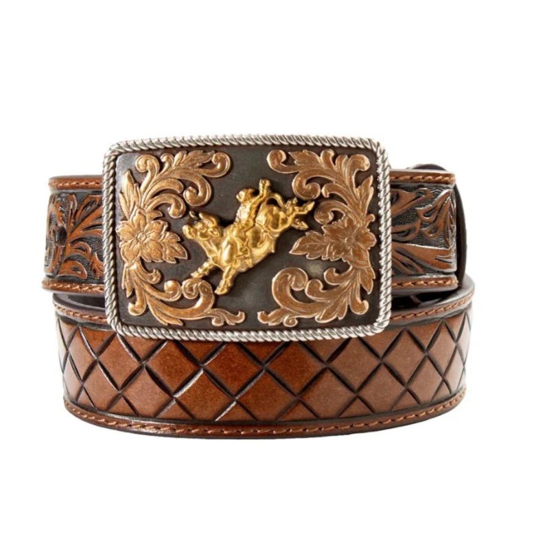 3D Boy's 1 1/4" Floral Tabs Bull Rider Buckle- Brown