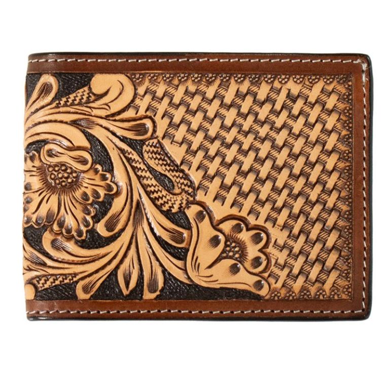 3D Men's Bifold Hand Tooled Floral Basketweave Flip Style Wallet- Tan