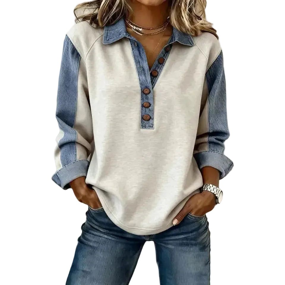 66 Disco Women's Western Denim Style Patchwork 1/2 Button Top - Grey