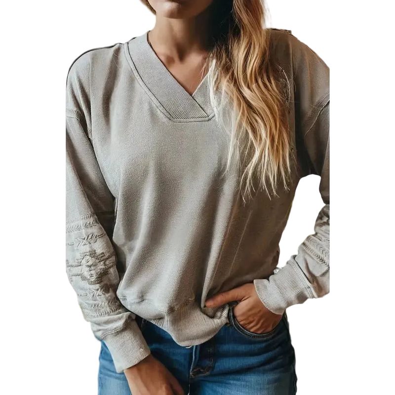 66 Disco Women's Western Embroidered V Neck Sweatshirt - Parchment