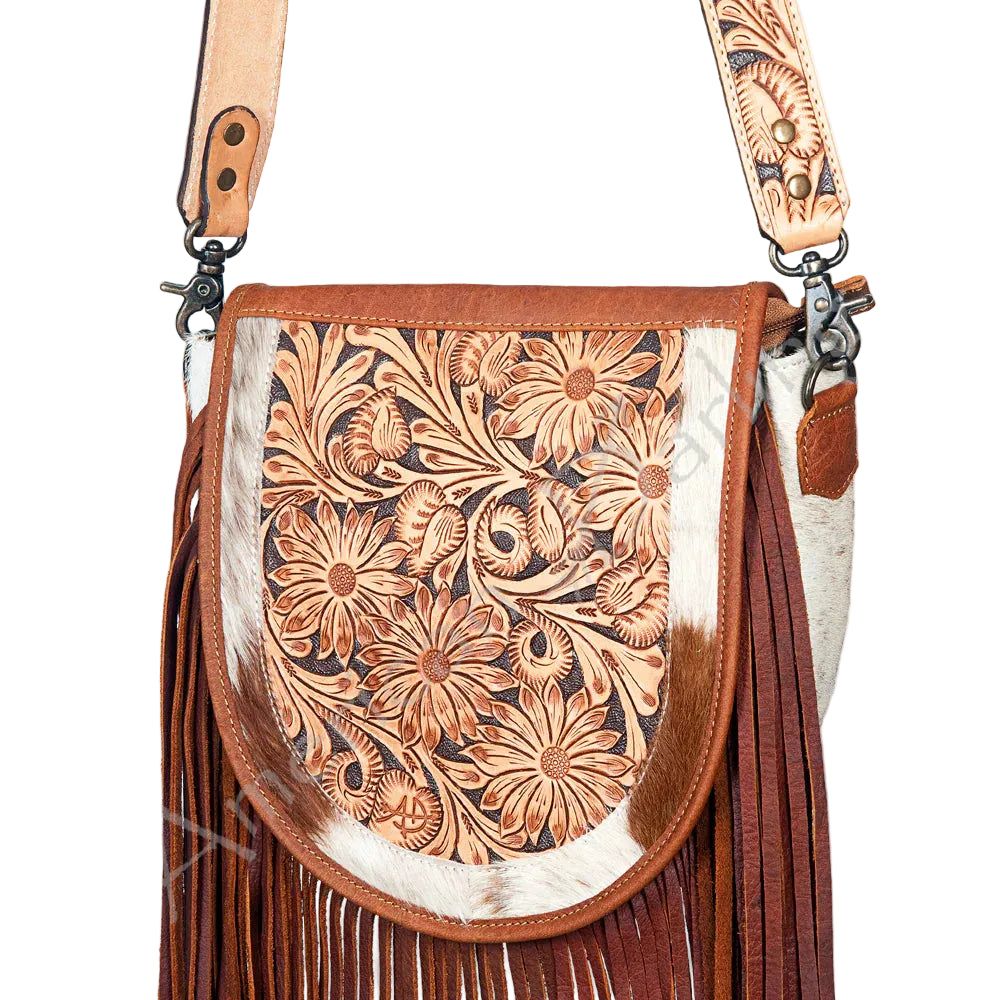 American Darling Floral Tooled Leather &amp; Cowhide Messanger Bag w/Fringe