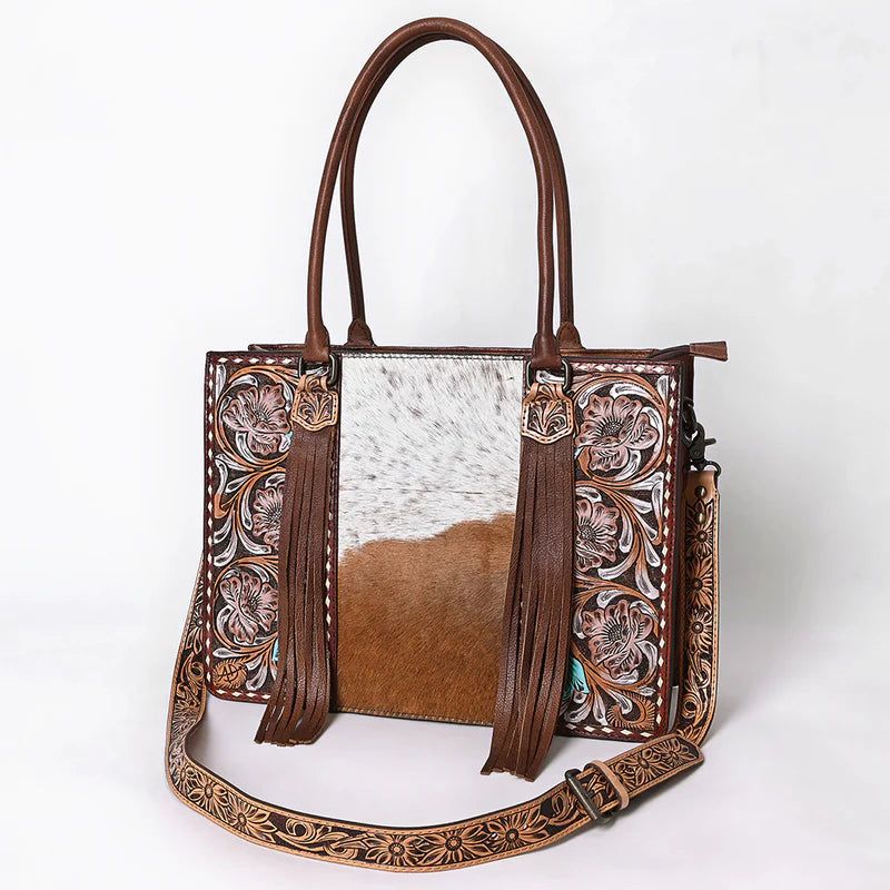 American Darling Hair-On Cowhide Fringe Tote Bag | Hand-Tooled Western Shoulder Bag