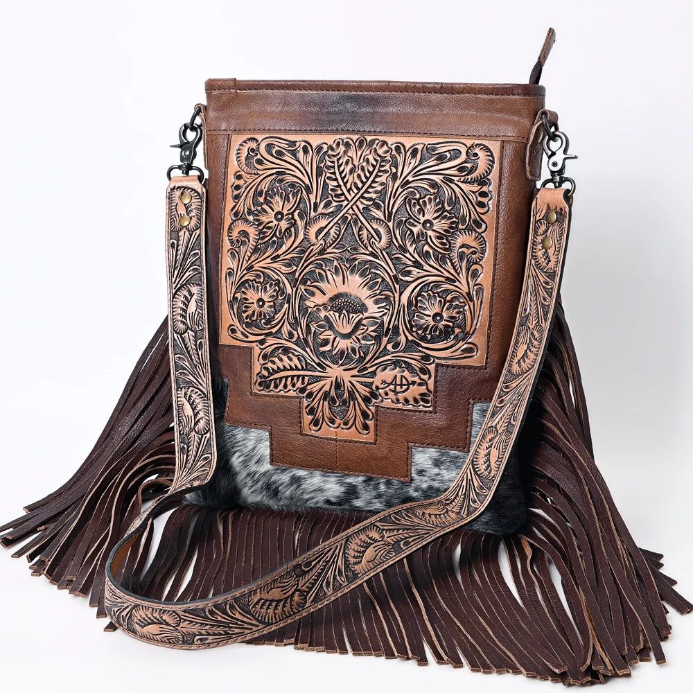 American Darling Hand Tooled Floral Leather &amp; Hair On Cowhide Purse