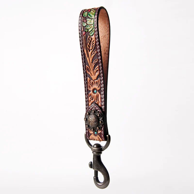 American Darling Hand Tooled Leather Wristlet Keychain - Floral Tooling with Painted Accents &amp; Concho