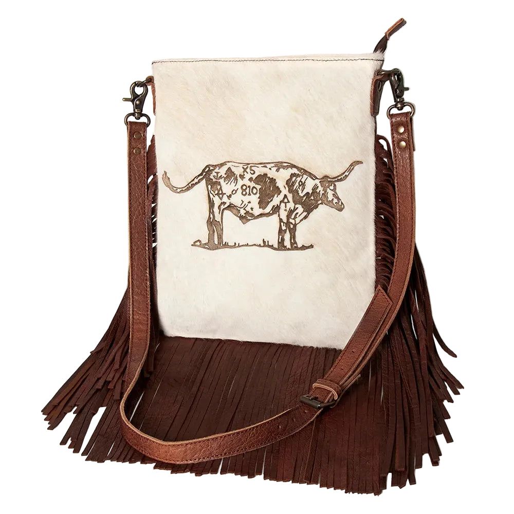 American Darling Large Crossbody W/ tooled Strap &amp; Fringe - Longhorn