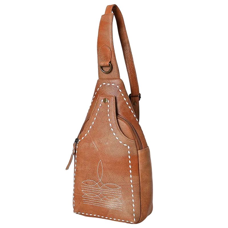 American Darling Leather Crossbody Sling Bag with White Stitching - Brown