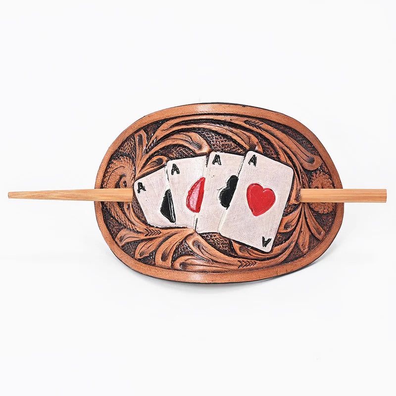 American Darling Leather Hair Stick Barrette - Playing Cards