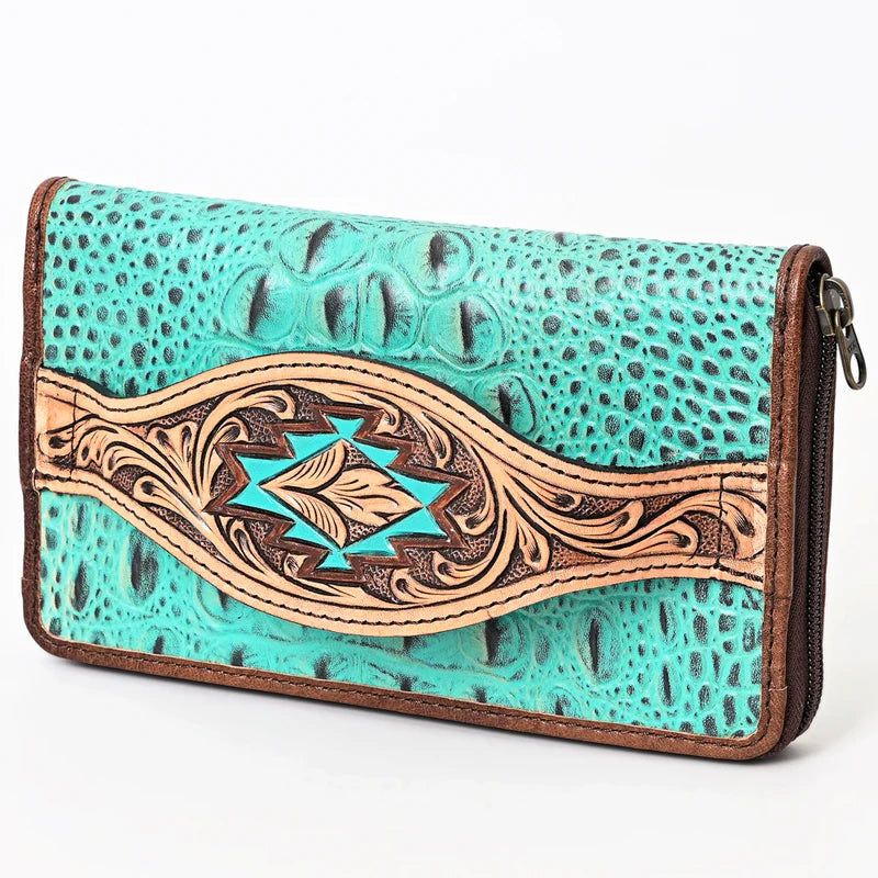 American Darling Leather Western Crocodile Embossed Hand Tooled Wallet Bag - ADBG1190C