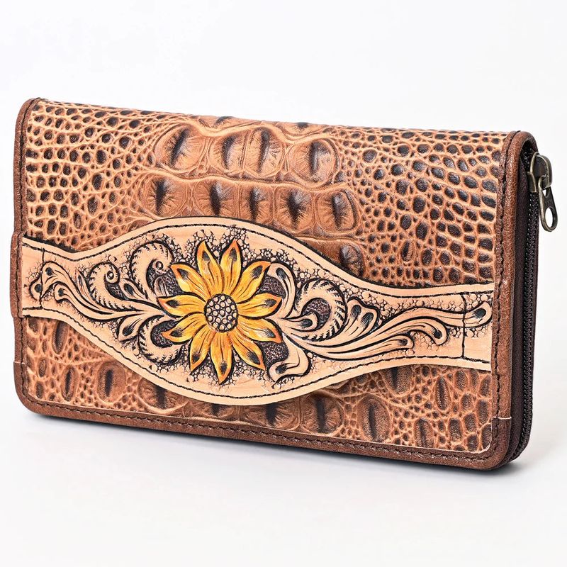 American Darling Leather Western Crocodile Embossed Hand Tooled Wallet Bag - ADBG1190D