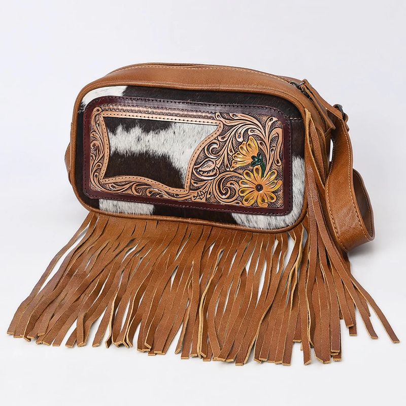 American Darling Leather Western Tooled Floral &amp; Hair On Cowhide Fanny Pack