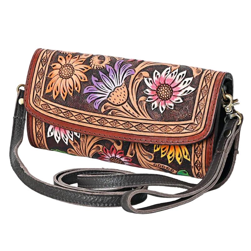 American Darling Sunflower Painted Tooled Leather Crossbody