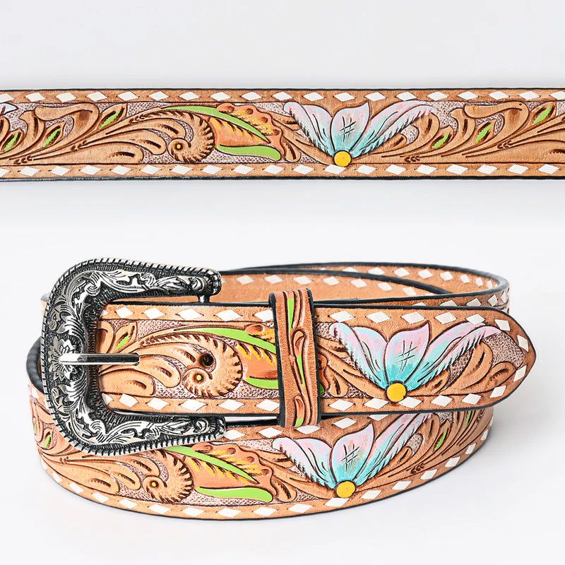 American Darling Unisex Pastel Blue &amp; Pink Floral Design Leather Western Belt - Tan