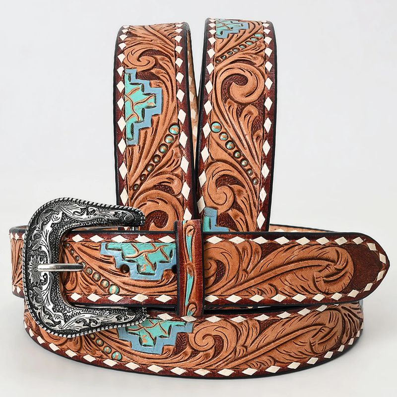 American Darling Unisex Aztec Tooled &amp; Whipstitch Engraved Buckle Western Belt - Tan/Turquoise