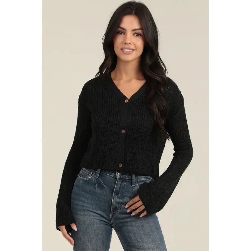 Angie Women's Flare Sleeve Wooded Button Front Cardigan Sweater - Multiple Colours