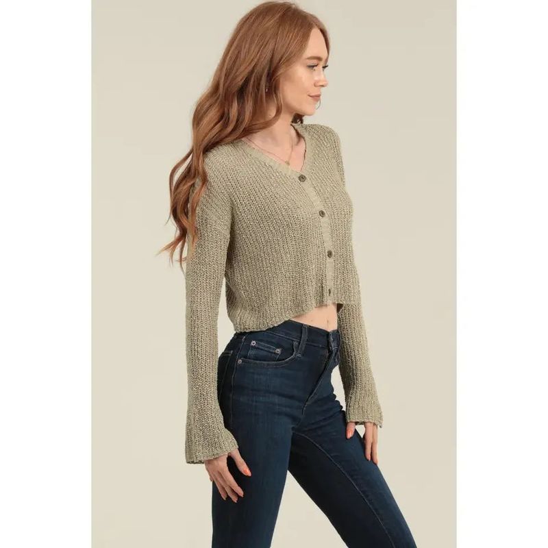 Angie Women's Flare Sleeve Wooded Button Front Cardigan Sweater - Multiple Colours