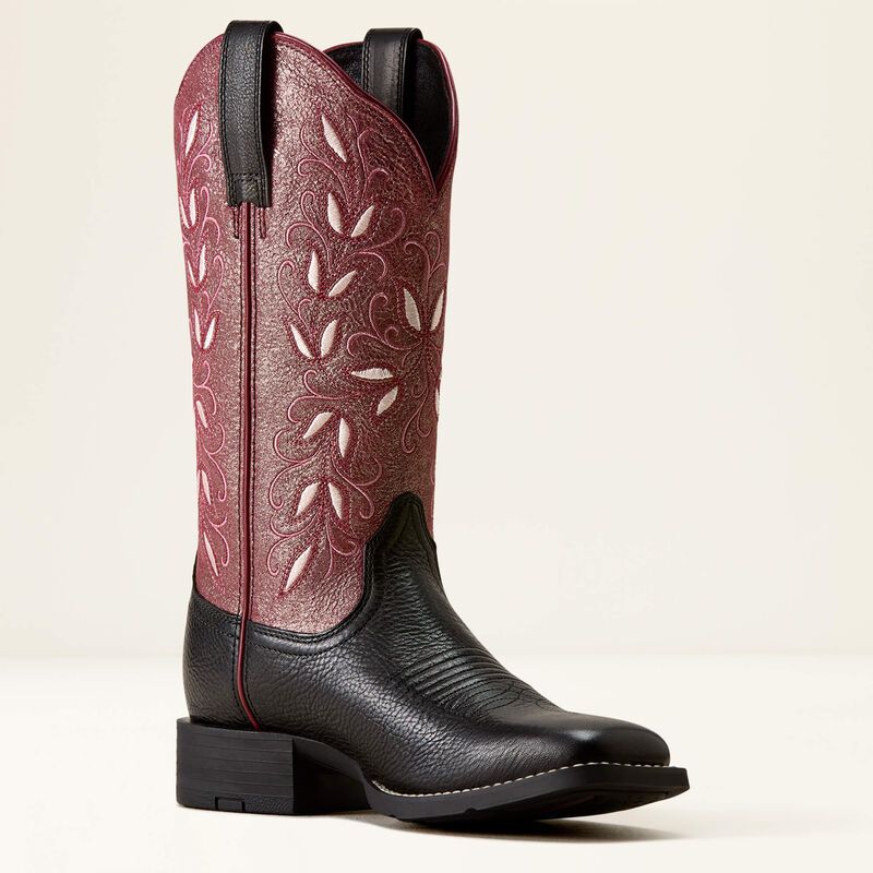 Ariat Women's Round Up Holly Wide Square Toe Western Boot- Obsidian Fairy Berry