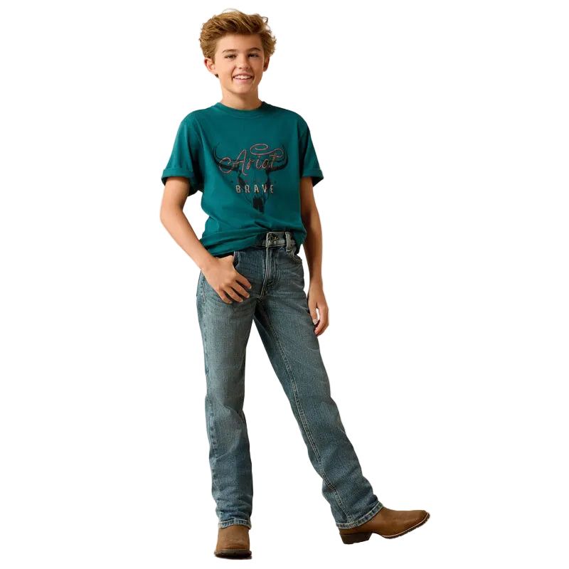 Ariat Boy's Cattle Skull Freedom Short Sleeve Tee Shirt - Mediterranean