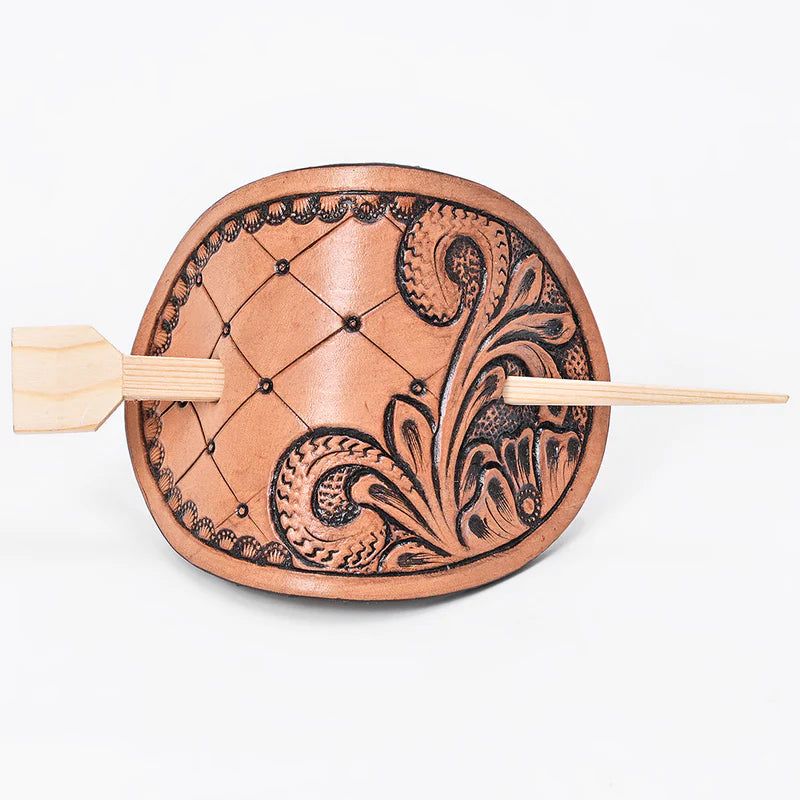 American Darling Leather Hair Stick Barrette - Floral Tooled