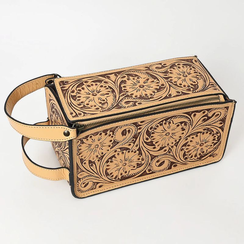 American Darling Natural Hand Tooled Leather Toiletry Bag - Western Floral Toiletry or Travel Case
