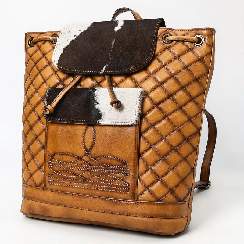 American Darling Quilted Leather &amp; Cowhide Western Backpack - Handcrafted Drawstring Rodeo Bag