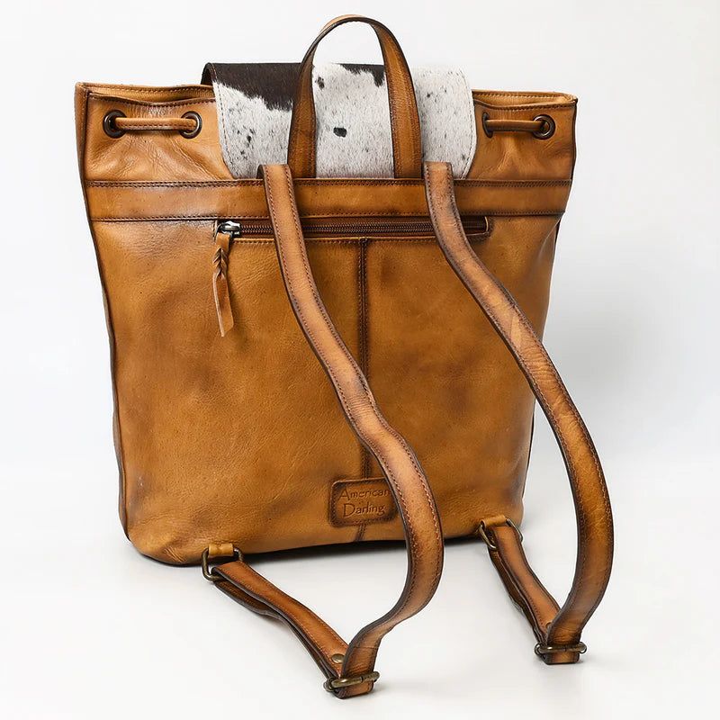 American Darling Quilted Leather &amp; Cowhide Western Backpack - Handcrafted Drawstring Rodeo Bag
