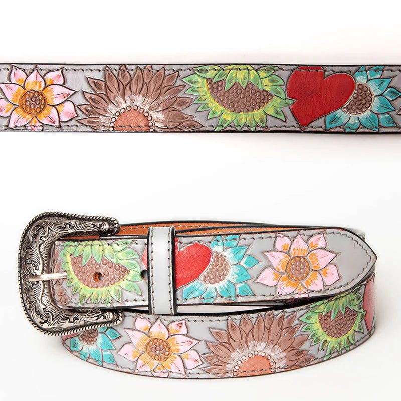 American Darling Unisex Multicolor Sunflowers &amp; Red Heart Leather Western Belt - Light Grey