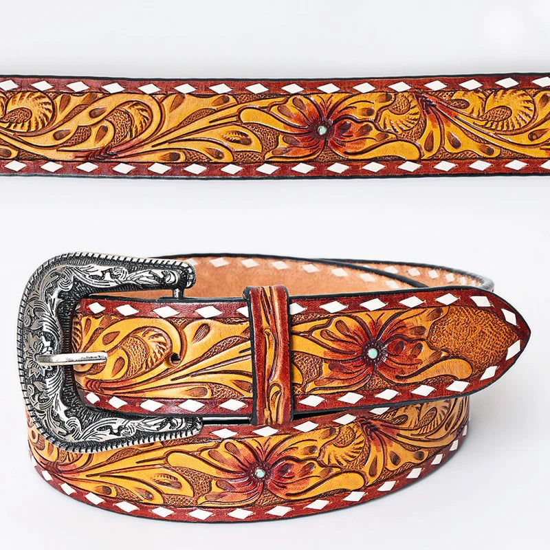 American Darling Unisex Genuine Leather Western Belt - Yellow/Maroon