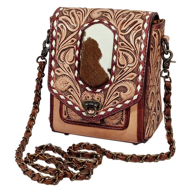 American Darling Western Chaps Bag - Hand-Tooled Floral Genuine Suede Crossbody with Fringes