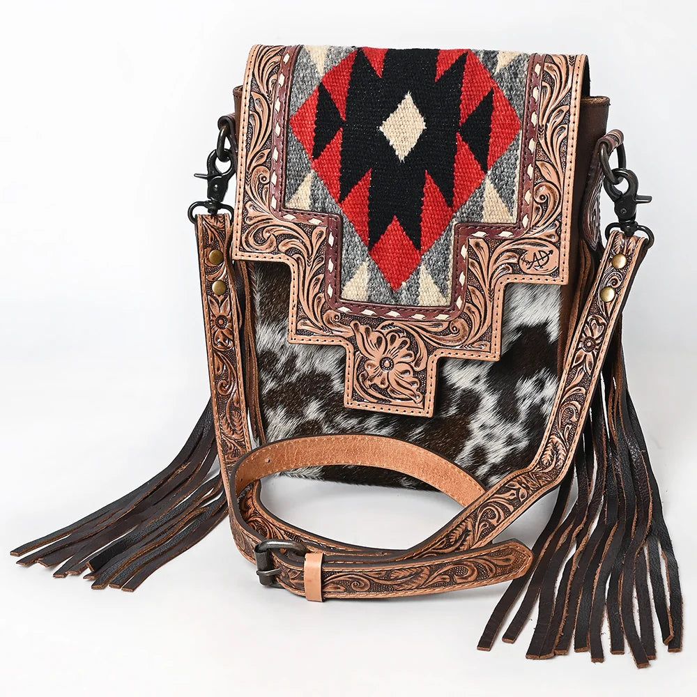 American Darling Western Hand Tooled Floral Cowhide &amp; Saddle Blanket Purse