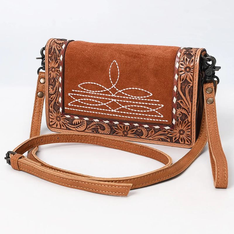 American Darling Western Tooled Details Suede Leather Organiser Bag