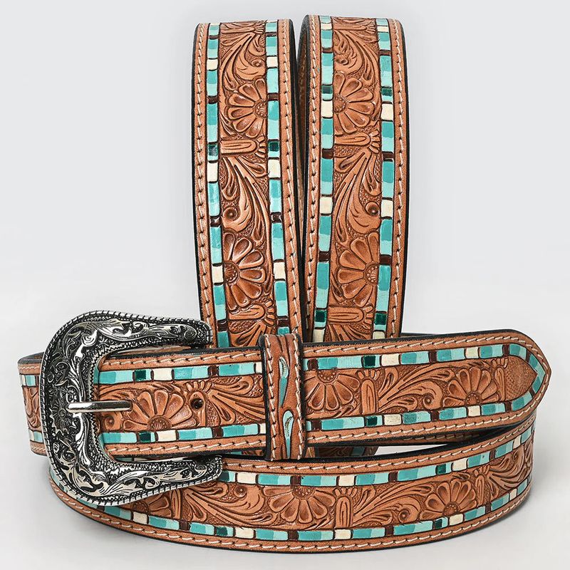 American Darling Unisex Mosaic Inlay &amp; Floral Tooling Western Belt - Brown/Turquoise