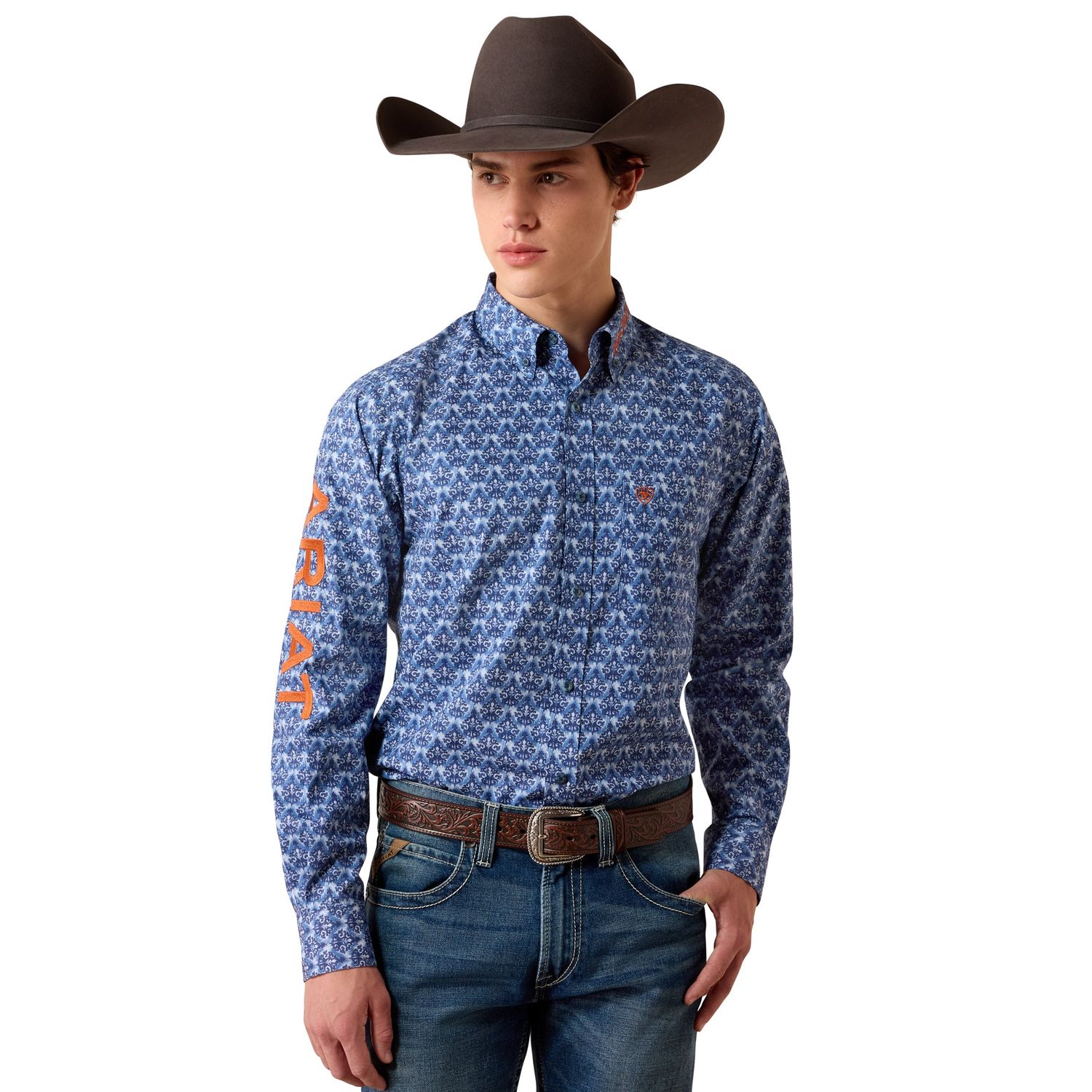 Ariat Men's Team Eric Fitted Shirt - Blue Multi Ikat Print/Coral