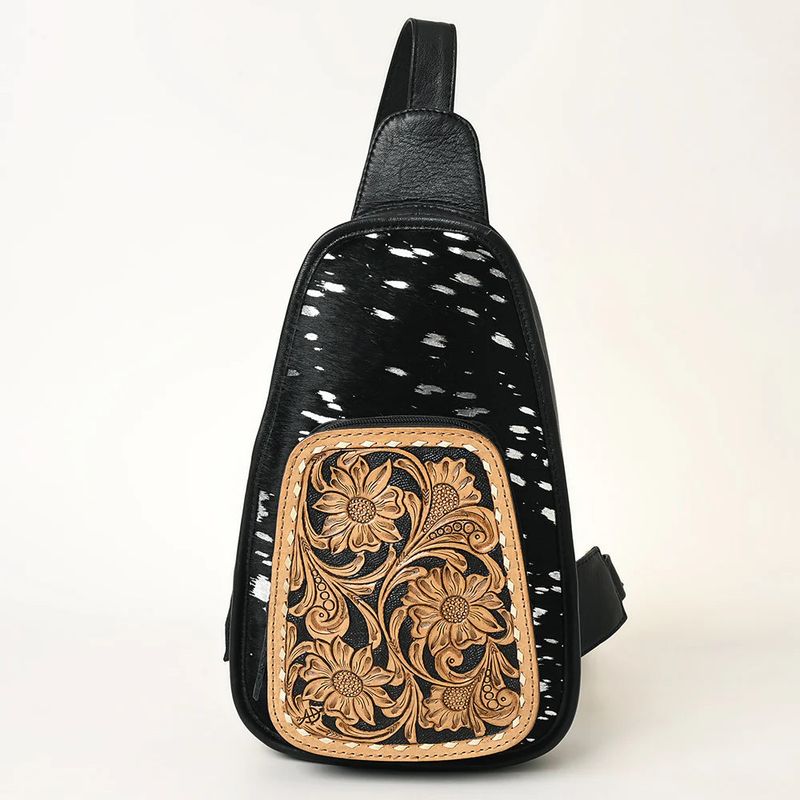 American Darling Floral Hand Tooled Bag -Hair on Cowhide Sling