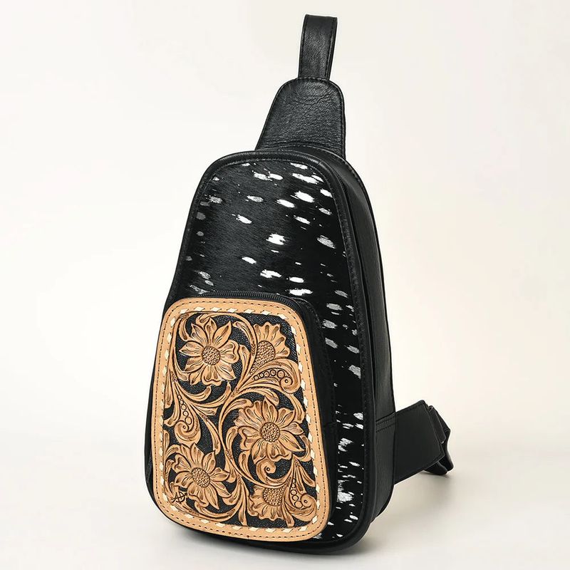 American Darling Floral Hand Tooled Bag -Hair on Cowhide Sling