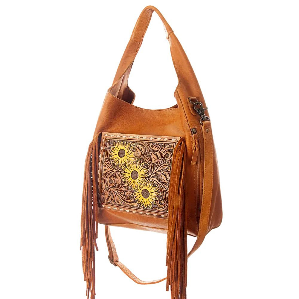 American Darling Hand Tooled Leather Hobo Bag - Sunflower