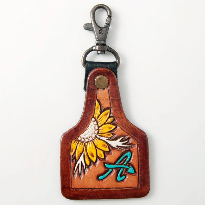 American Darling Hand-Tooled Leather Keyring Sunflower with Turquoise A Accent