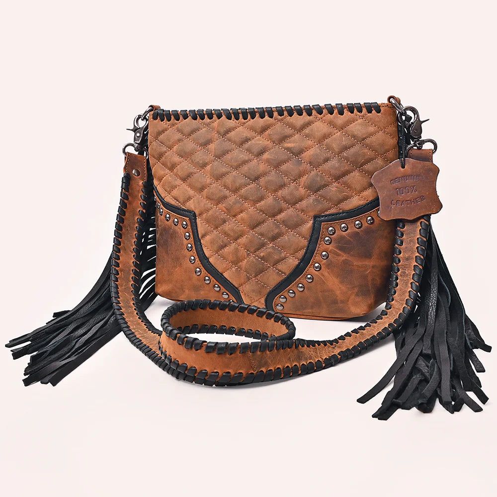 American Darling Quilted Western Leather Cross body Bag with Fringes and Rivets