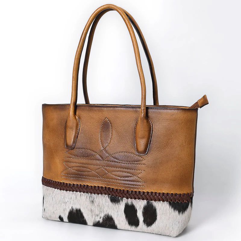 American Darling Two-Tone Cowhide &amp; Tooled Leather Tote - Western Handbag with Braided Trim
