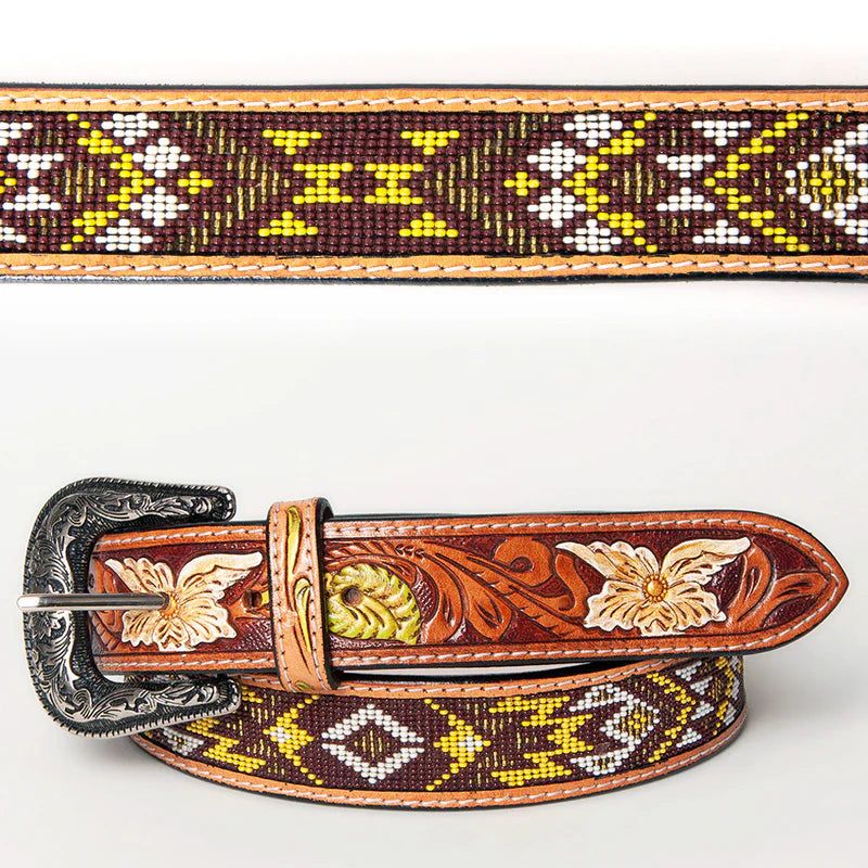 American Darling Unisex Genuine Leather Western Belt - Brown/Tan/White/Yellow