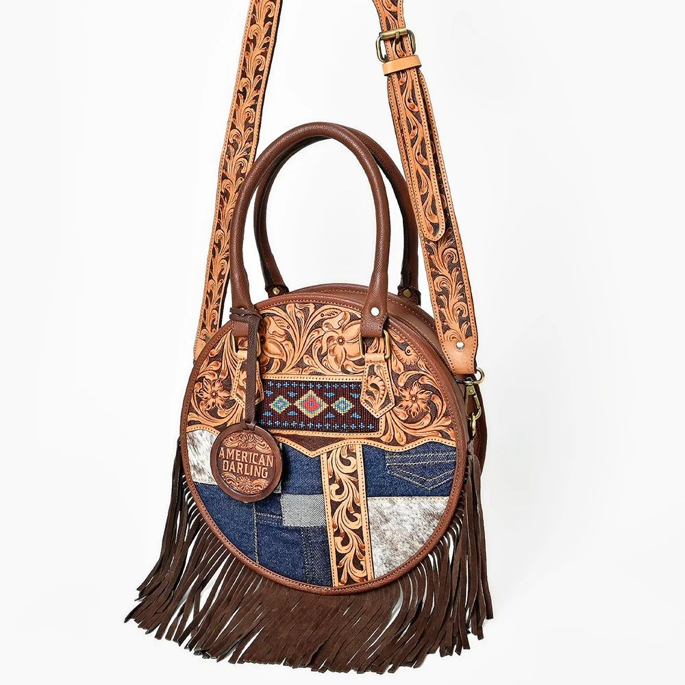 American Darling Western Hand Tooled Floral Canteen Bag w/Denim Patchwork &amp; Fringes