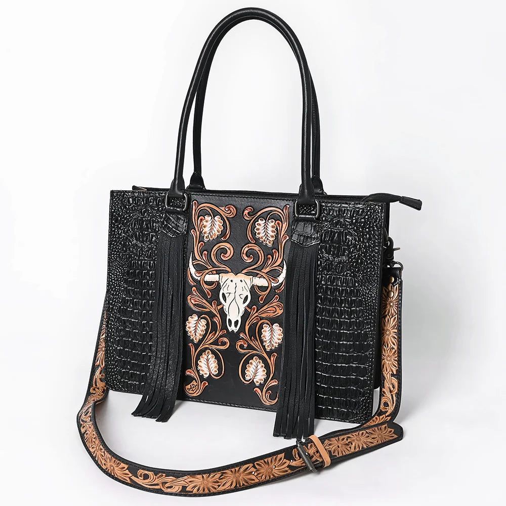 American Darling Western Hand Tooled Floral &amp; Crocodile Embossed Leather Tote Bag