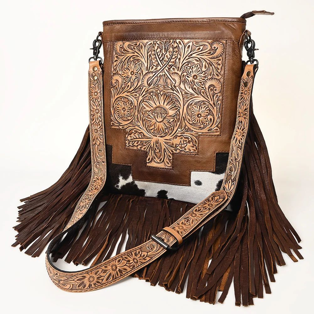 American Darling Western Hand Tooled Floral Leather &amp; Hair-On Cowhide Purse - ADBG256BR