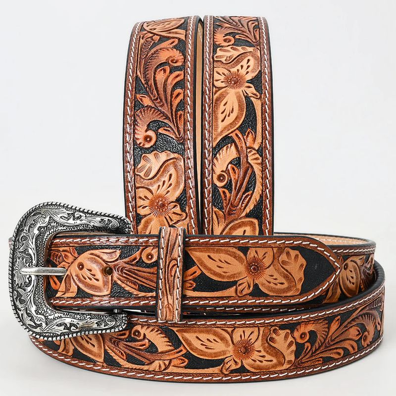 American Darling Unisex Floral Tooled w/Contrast Stitching Silver Buckle Belt - Black/Tan