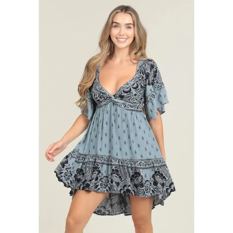 Angie Twist Front Hi Lo Ruffle Sleeve Dress - Blue