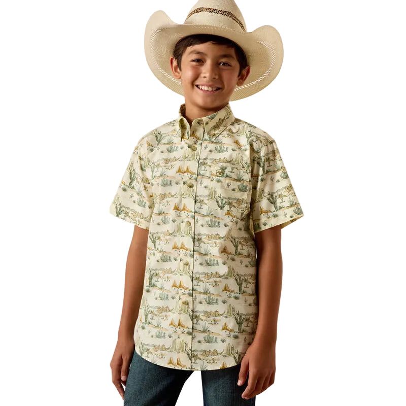 Ariat Boy's Short Sleeve Sable Shirt - Almond Oil Scenic Print