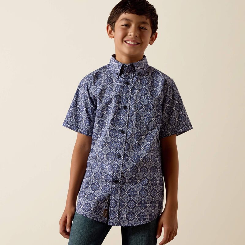 Ariat Boy's Medallion Print Bill Short Sleeve Shirt - Evening Blue